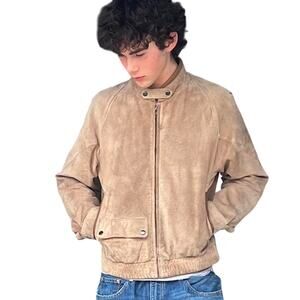 Vintage 80s Racquet Moto Jacket – Men’s Medium Brown Suede Zip Pockets Lined
